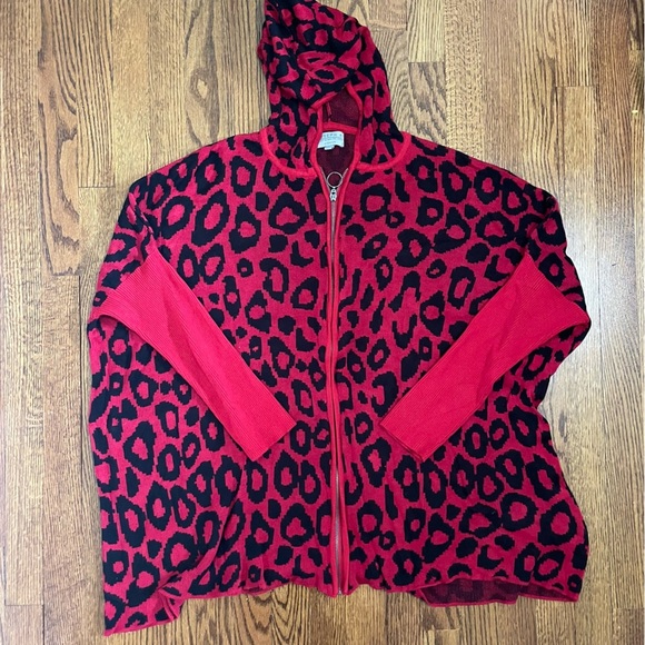 Joseph A. Woman Red Black Animal Print Hooded Zip Sweater Size 1X - Picture 1 of 8